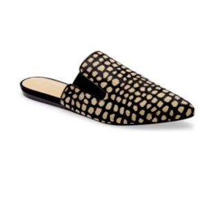 JENNI KAYNE Pony Hair Mules in Black Honey Giraffe Pointed Toe Size 6/36 - NEW